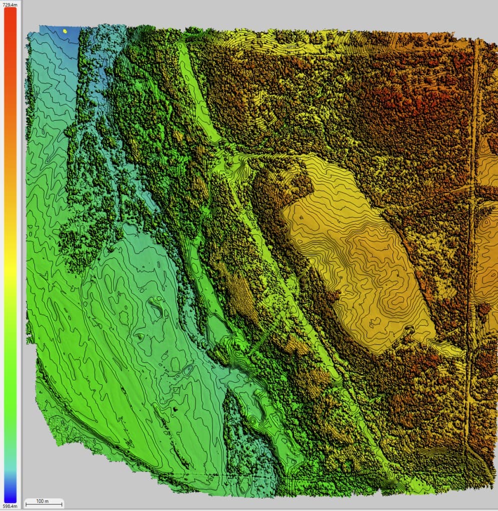 DEM with contour lines and point cloud data showing detailed terrain visualization